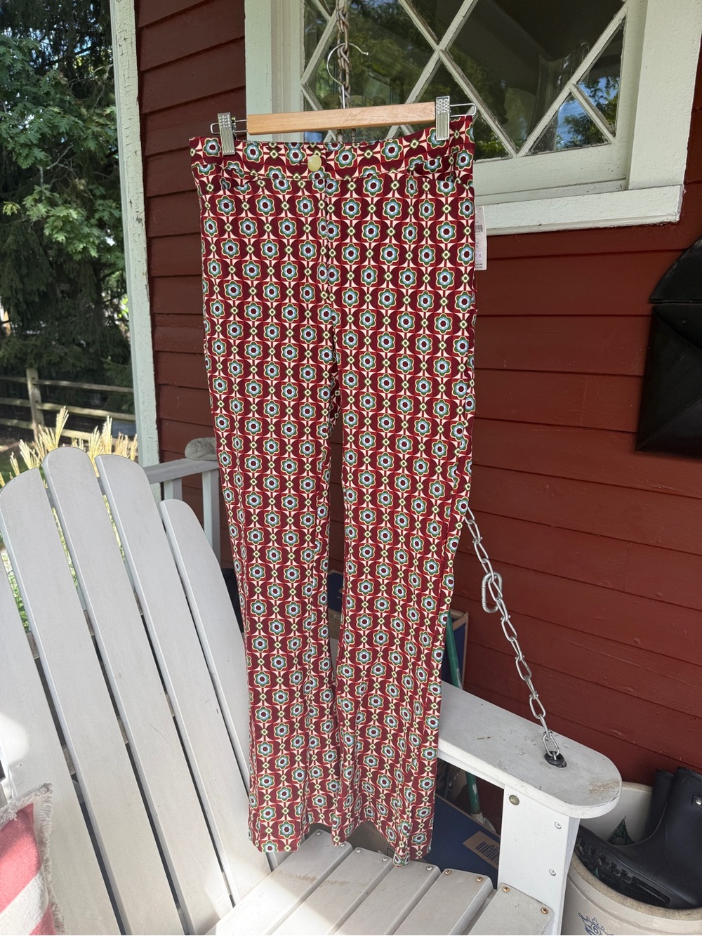 Anthropologie Red Geometric Boot-Cut Pants with Teal Accents